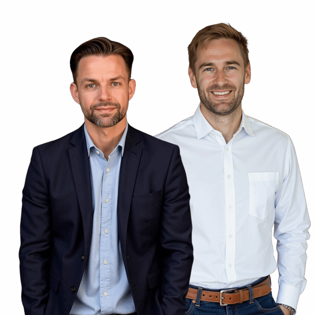Achim und Matthias vor weißem Hintergrund. Profitfoto